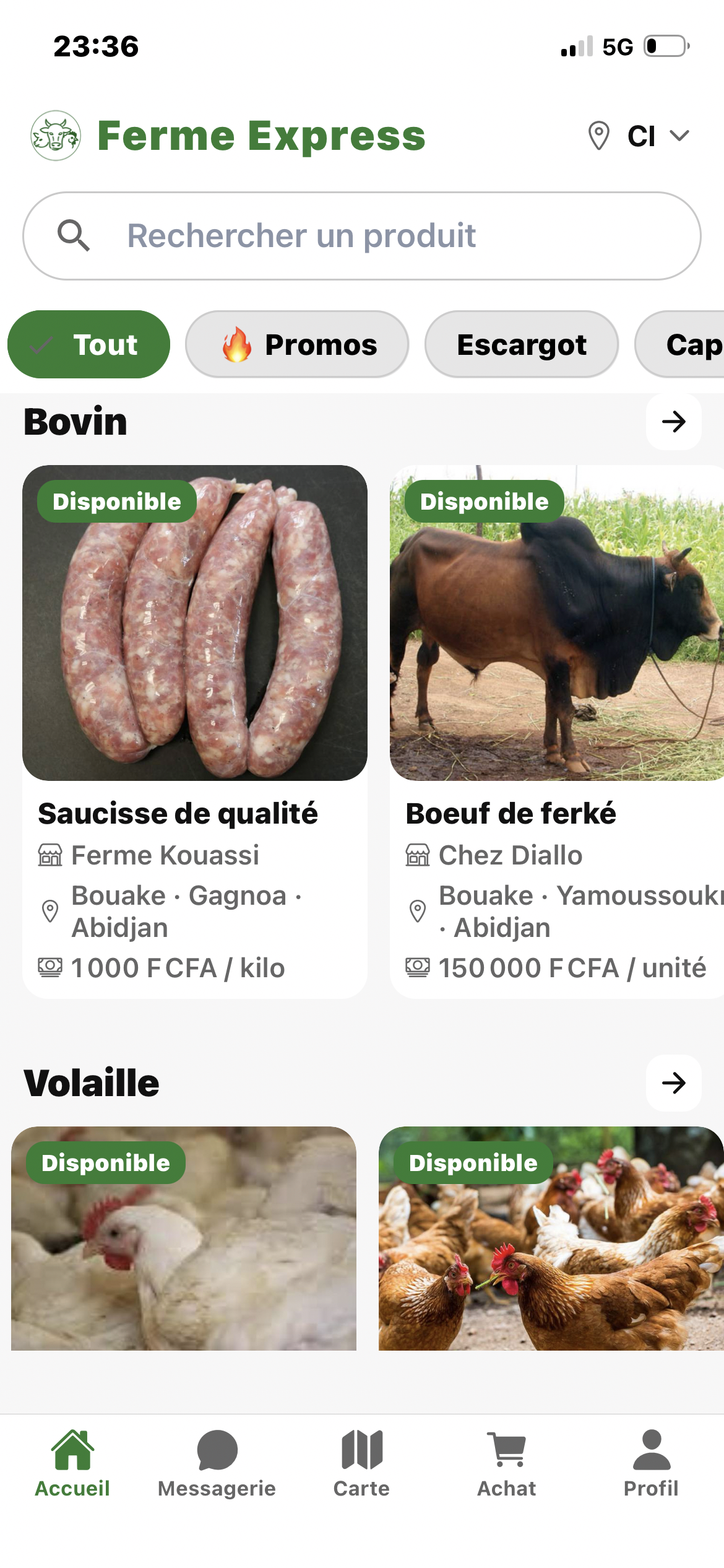 Capture d'écran de découverte des produits locaux sur Ferme Express