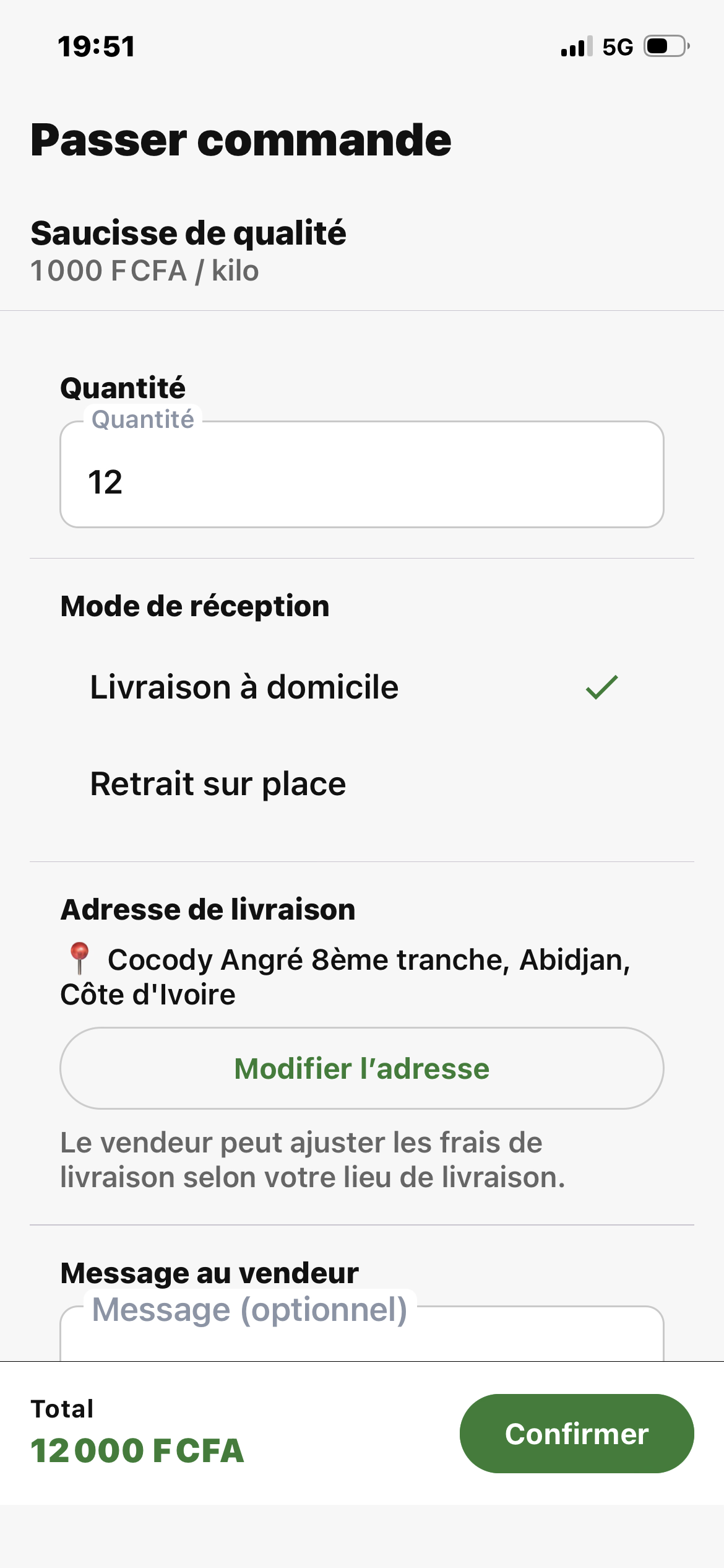 Capture d'écran de contact vendeur dans l'application Ferme Express