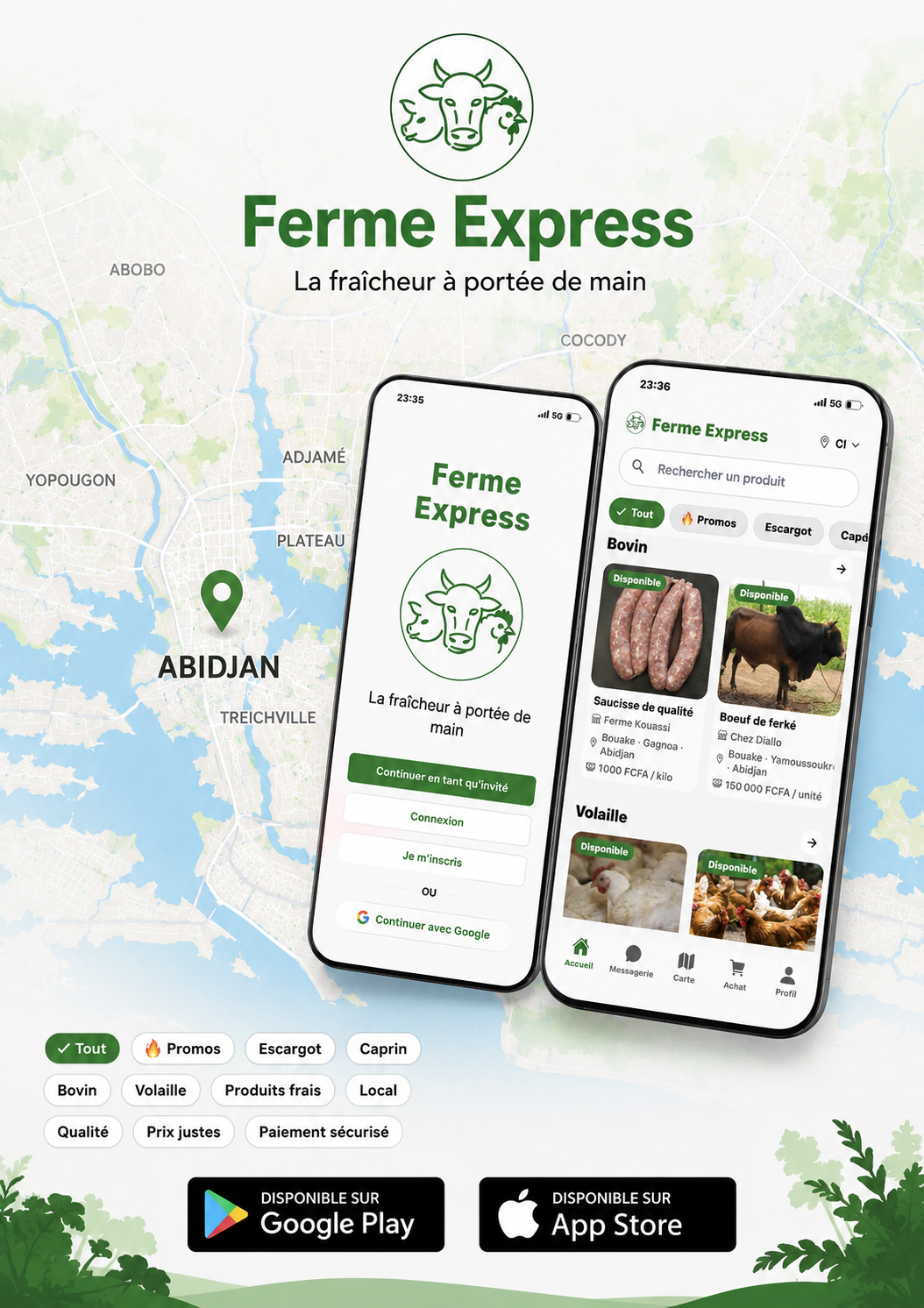 Ferme Express disponible au téléchargement sur iPhone et Android