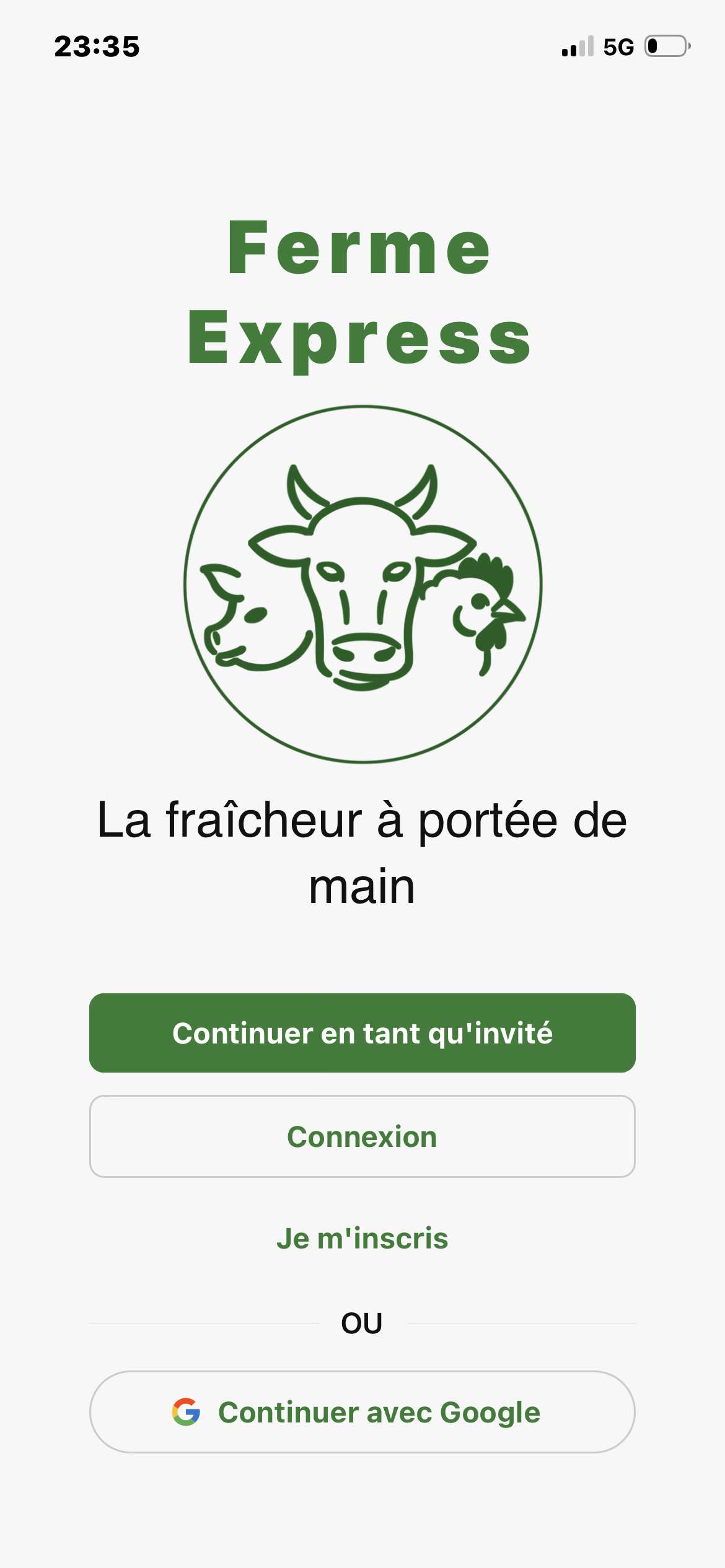 Création de compte dans l'application Ferme Express