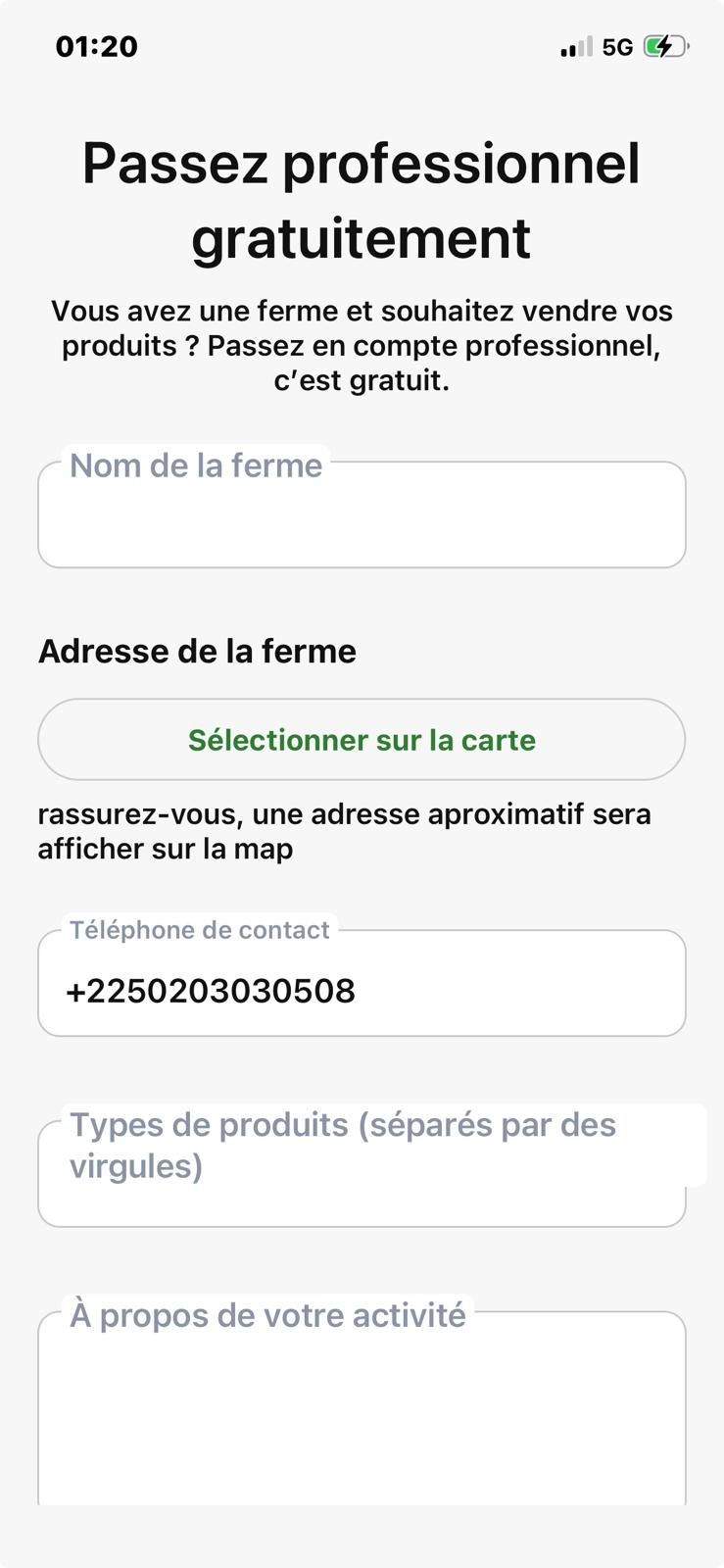 Formulaire vendeur professionnel Ferme Express