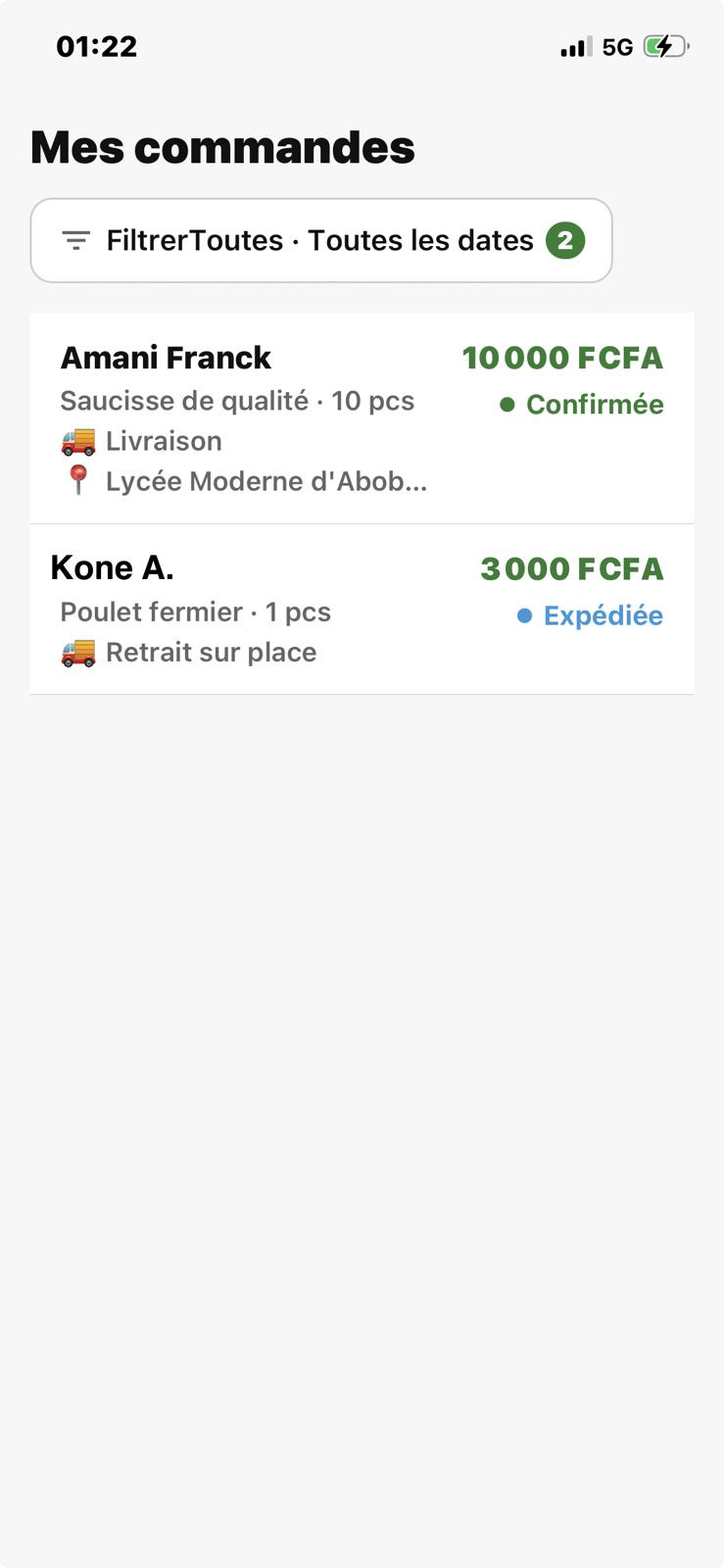 Liste des commandes vendeur dans Ferme Express